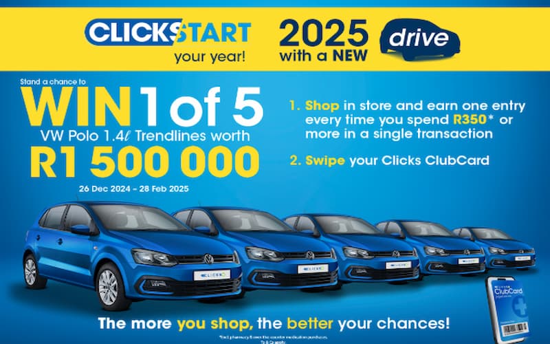 Automotive Online Giveaways South Africa: Win a Polo Vivo 1.4 55kW Vivo (6RTBA4) 2024 with R13,000 in Vouchers. Hosted by Clicks.